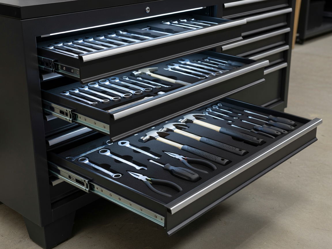 Ball bearing slide tool cabinet drawers with custom foam cutouts for hand tools