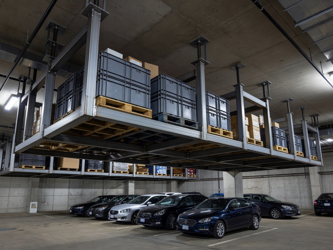 Ceiling suspended heavy duty metal storage rack above parked vehicles