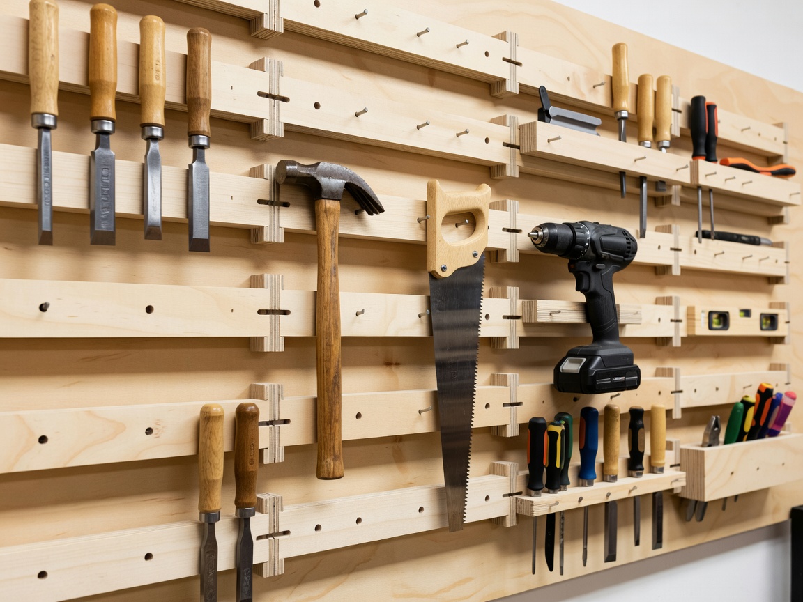 French cleat tool storage wall with interlocking plywood rails