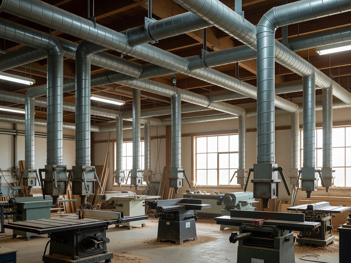 Galvanized rigid spiral ductwork running along ceiling with blast gates drops to woodworking machinery