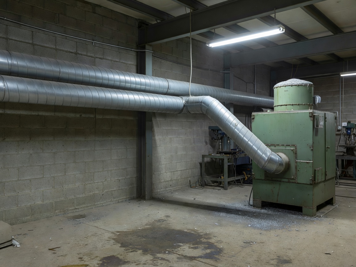 Galvanized spiral metal ductwork running along workshop wall to dust collector