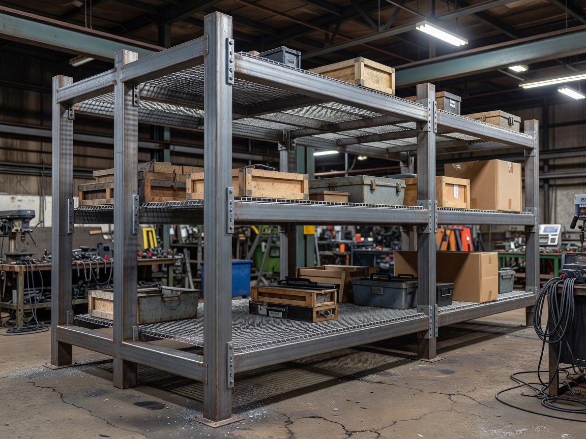 Heavy duty steel warehouse storage rack with wire decking in workshop