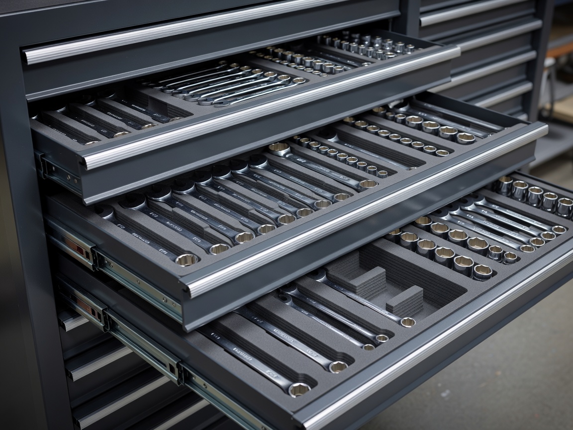 High precision tool cabinet drawers open showing layered foam inserts with cutouts for wrenches and sockets
