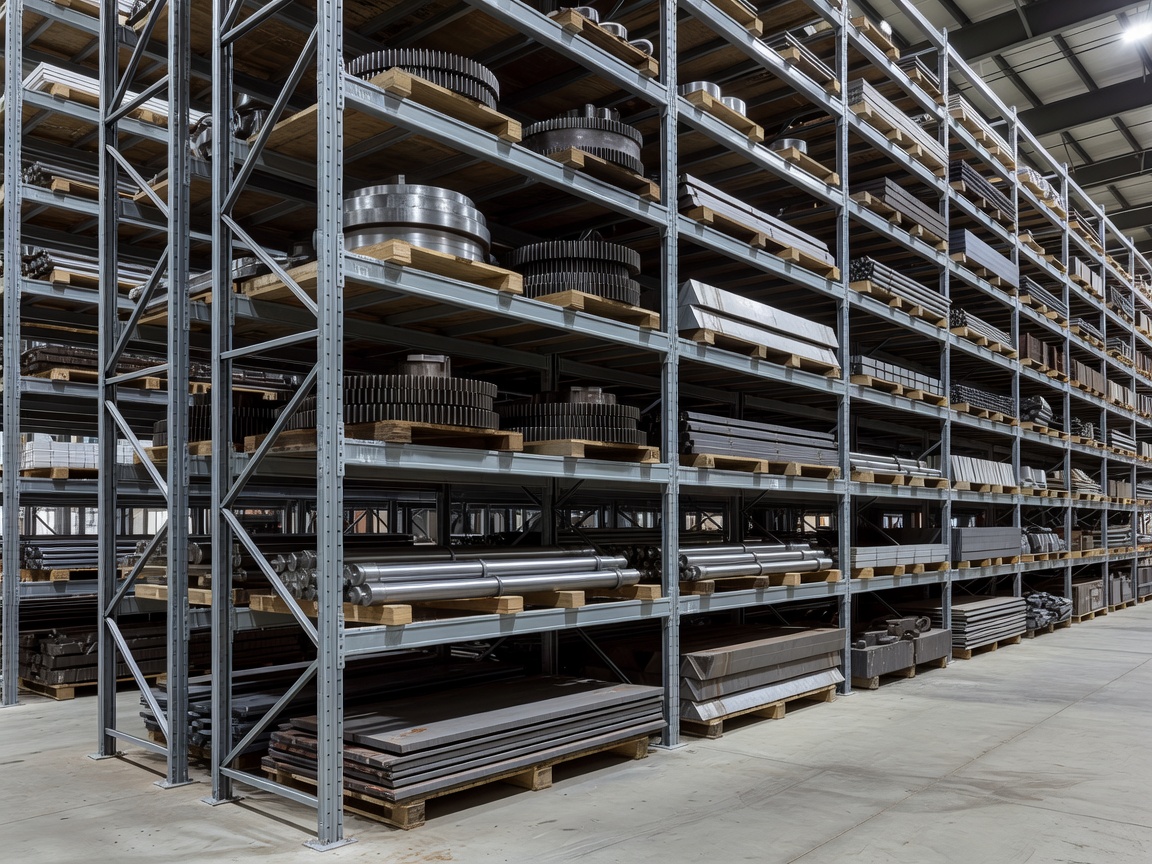 Industrial warehouse racking system with heavy components neatly stored on steel shelves