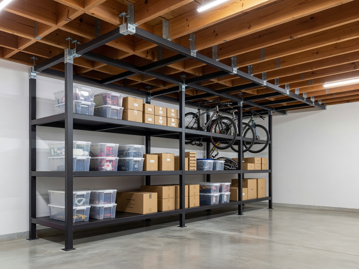 Steel overhead ceiling rack securely mounted to wooden ceiling joists in clean organized garage